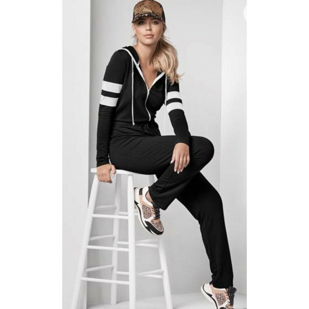 VENUS Black Jumpsuit with White Stripes
